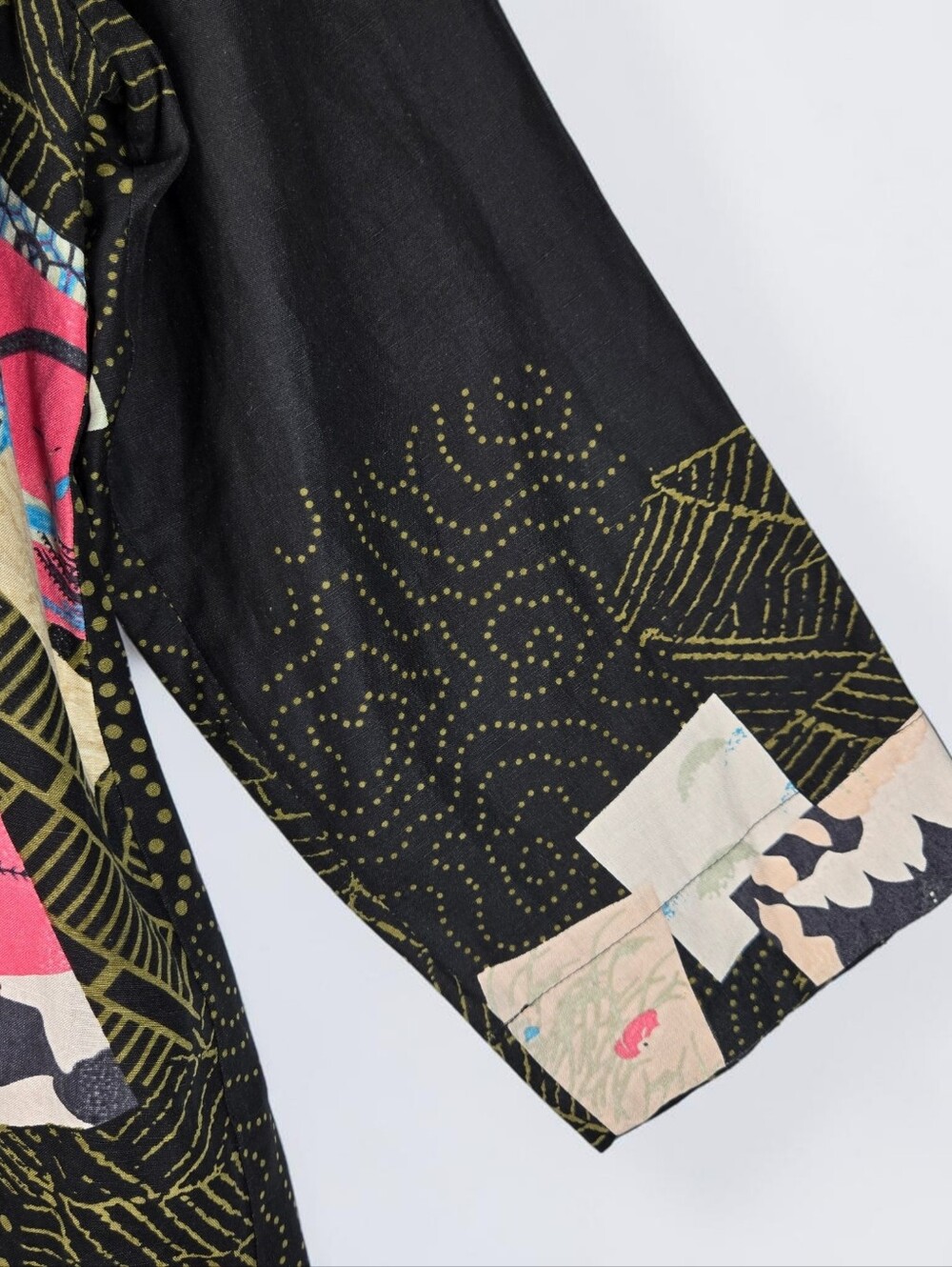 Citron Black Asian Print Silk Linen Blazer Open Front Banded Collar Womens 1X - Picture 10 of 15